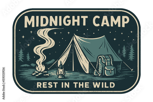 This vintage illustration depicts a serene midnight camp scene under a starry night sky. Vintage vector emblem badge patch, retro design, transparent background
