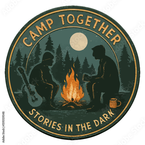 Two friends enjoy a campfire under the moon, sharing stories in the dark. Vintage vector emblem badge patch, retro design, transparent background
