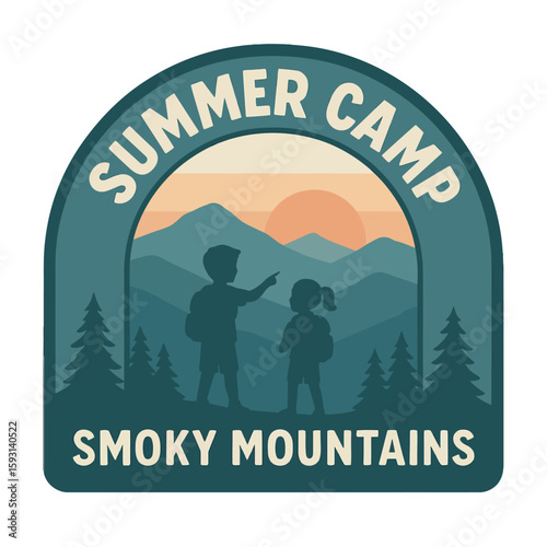 Summer camp adventure badge in the Smoky Mountains with kids hiking. Vintage vector emblem badge patch, retro design, transparent background