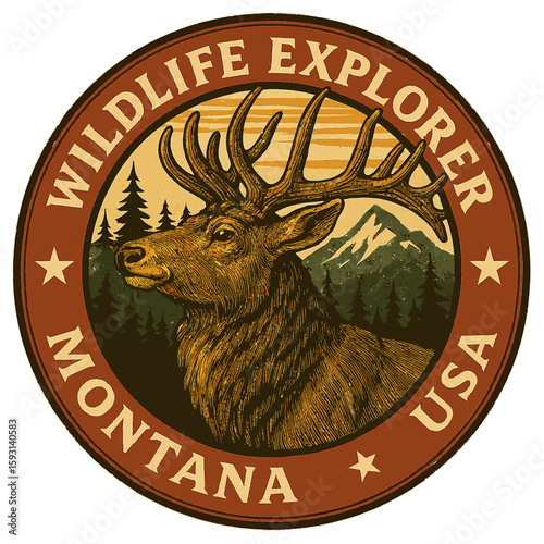 A vintage-style illustration showcases an elk in a circular design, representing wildlife exploration in Montana. Vintage vector emblem badge patch, retro design, transparent background