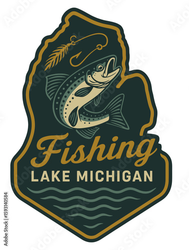 This eye-catching design features a leaping fish and the words 'Fishing Lake Michigan'. Vintage vector emblem badge patch, retro design, transparent background
