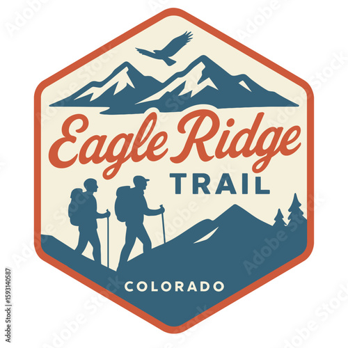 Wallpaper Mural The Eagle Ridge Trail sign depicts hikers and mountains in Colorado. Vintage vector emblem badge patch, retro design, transparent background Torontodigital.ca