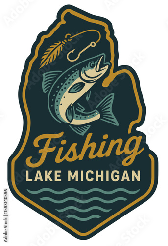 A vintage emblem showcases fishing on lake michigan with a fish and a hook. Vintage vector emblem badge patch, retro design, transparent background