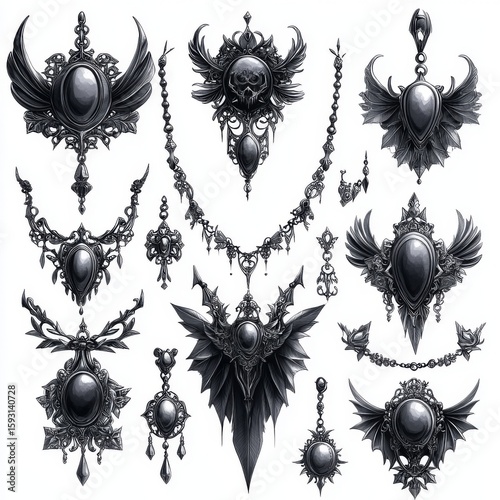 Mysterious collection of gothic jewelry showcasing intricate designs with black accents and dark gemstones on a white background, perfect for unique fashion statements and special occasions