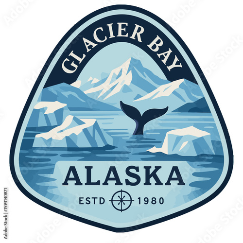 Glacier Bay Alaska sticker showcases a whale tail and icy landscape. Vintage vector emblem badge patch, retro design, transparent background