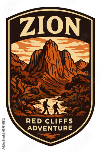 This vintage illustration showcases a Zion National Park adventure with red cliffs and hiking figures. Vintage vector emblem badge patch, retro design, transparent background