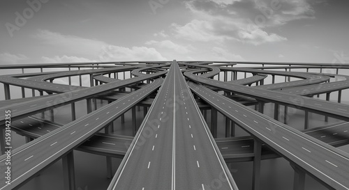 Crossroads and Intersections Black and White Road Network Aerial View to convey the concept of multiple roads meeting