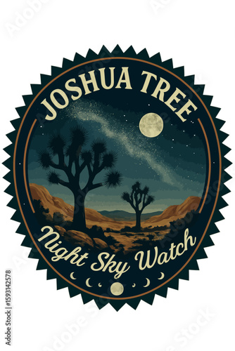 The iconic Joshua Tree park is showcased under a stunning night sky, with stars and a bright moon. Vintage vector emblem badge patch, retro design, transparent background