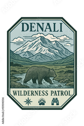 Denali National Park emblem featuring a bear and scenic mountain landscape. Vintage vector emblem badge patch, retro design, transparent background