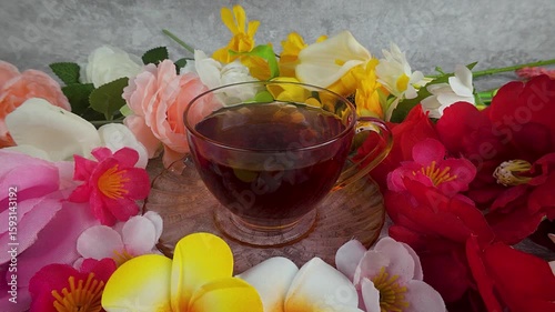 Enjoying Herbal Tea Surrounded by Colorful Flowers Still Life