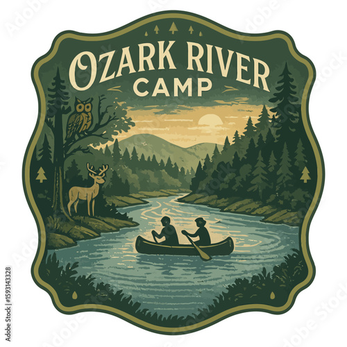 The ozark river camp invites you to enjoy the beauty of nature and the great outdoors. Vintage vector emblem badge patch, retro design, transparent background