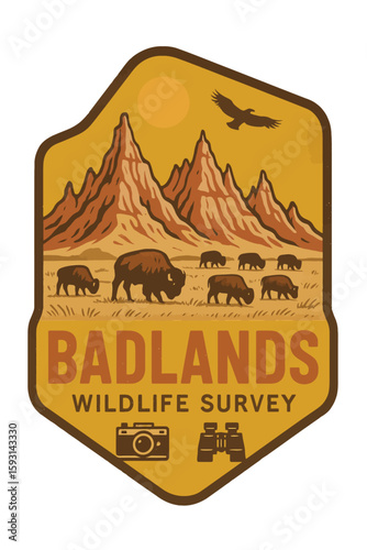 This vintage illustration captures the essence of the Badlands Wildlife Survey, featuring iconic bison in a desert landscape. Vintage vector emblem badge patch, retro design, transparent background
