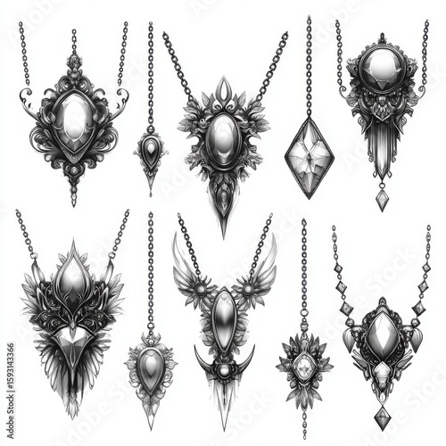 Mysterious gothic jewelry collection displayed on white background featuring intricate designs, dark themes, and various gemstone shapes showcasing elegance and allure