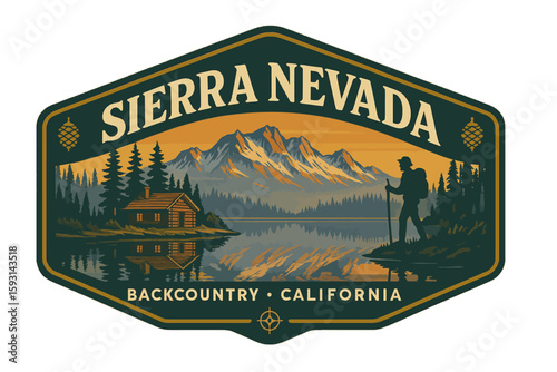 A stunning illustration of the Sierra Nevada backcountry with a hiker, lake, and cabin at sunset. Vintage vector emblem badge patch, retro design, transparent background