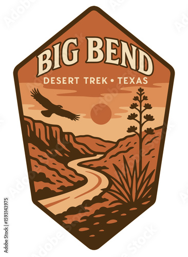 Big Bend National Park badge illustration depicts a desert landscape with an eagle soaring across the sky. Vintage vector emblem badge patch, retro design, transparent background