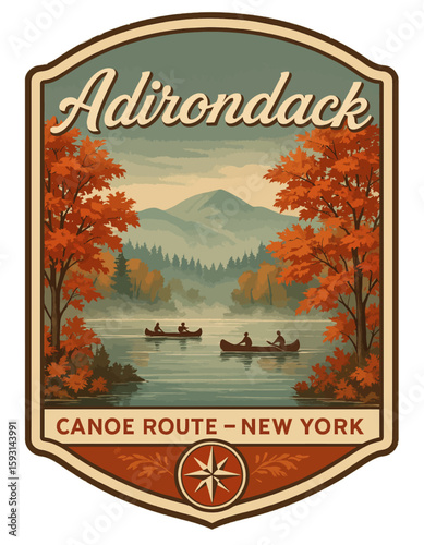 The Adirondack canoe route in New York is beautifully captured in a vintage illustration. Vintage vector emblem badge patch, retro design, transparent background