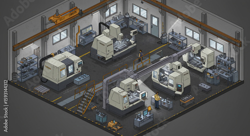Isometric Illustration: Busy Industrial Workshop with CNC Machines  Technicians.