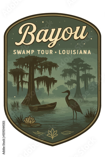 This captivating illustration showcases a vintage-style Louisiana bayou scene with a heron and cypress trees. Vintage vector emblem badge patch, retro design, transparent background
