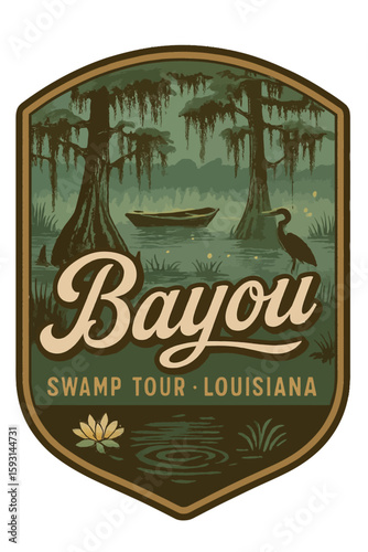 A vintage bayou scene, perfect for a swamp tour poster in Louisiana Vintage vector emblem badge patch, retro design, transparent background