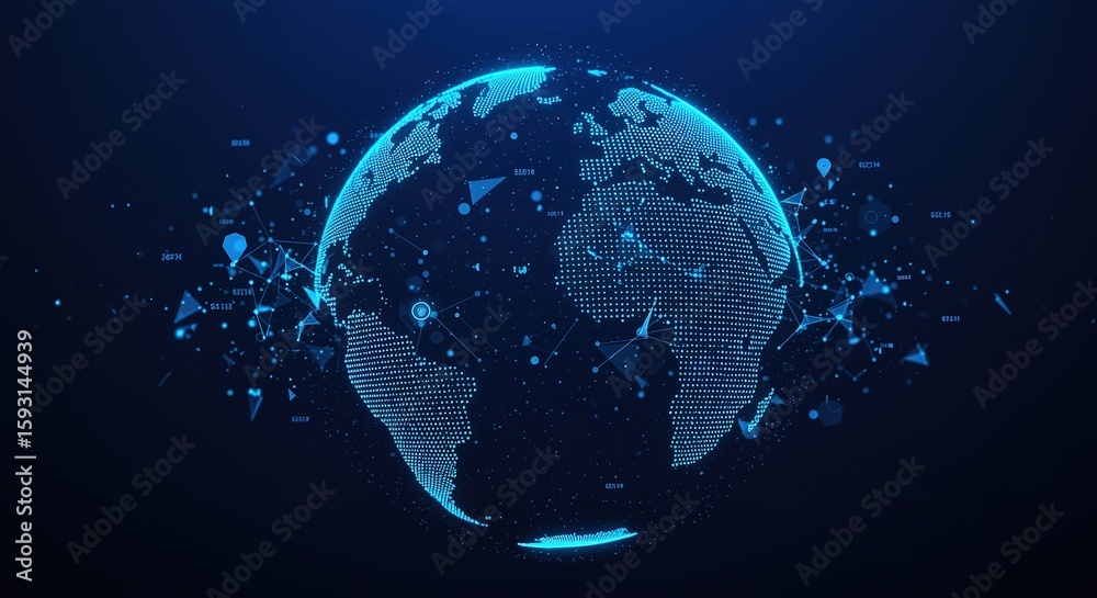 Fototapeta premium Digital Globe Global Connectivity in a Technological World, a representation of a networked planet earth on blue background