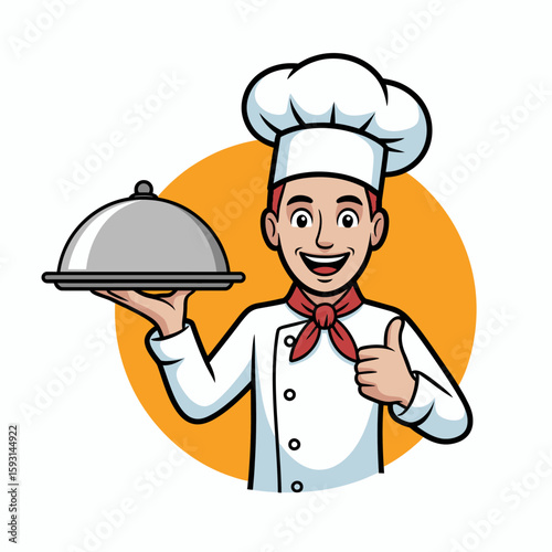 Chef Presenting a Dish: A cheerful chef, donning a traditional toque and uniform, proudly presents a covered dish with a thumbs-up, conveying the artistry and delight of the culinary arts.