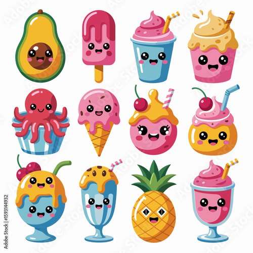 Sweet Treats Character Collection: An assortment of cute, smiling food characters ready to brighten any project. Featuring ice cream, avocado, and more, perfect for playful designs.