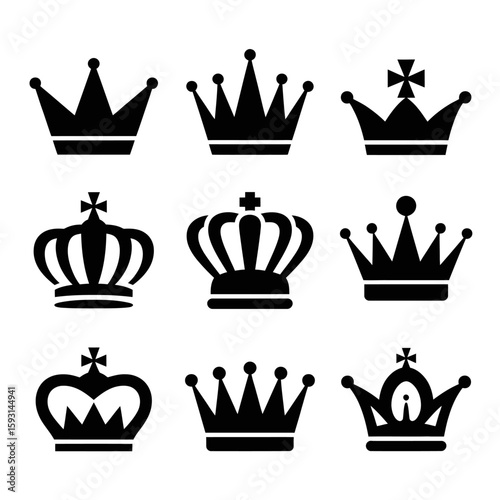 Collection of Crown Emblems: A variety of elegantly designed crowns, each bearing a unique shape and detail, stand as symbols of royalty, power, and distinction.