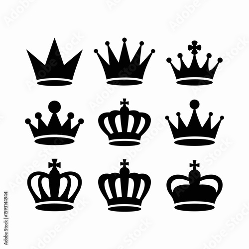 Crowning Achievements: A stylized collection of royal crowns, each with unique design and symbol, representing power, royalty, and regal heritage.