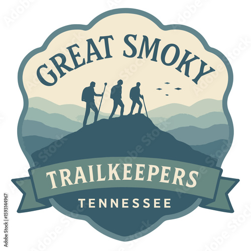 The Great Smoky Trailkeepers logo shows hikers in a vintage emblem design, set in Tennessee. Vintage vector emblem badge patch, retro design, transparent background