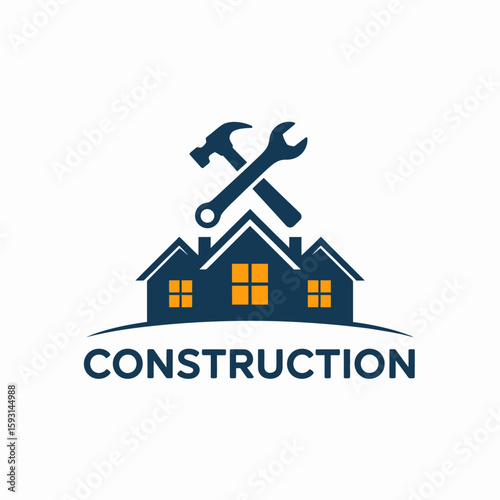 Construction Logo: Symbolic construction logo featuring a house icon, hammer, and wrench, representing building and repair services. A concept of house construction.