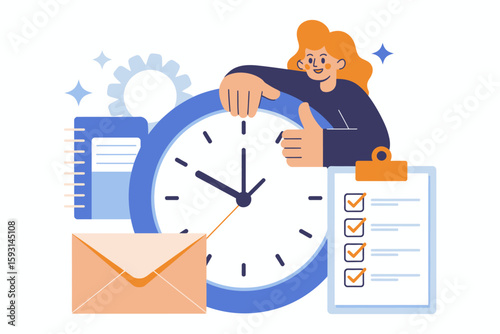Time Management Mastery: A woman embodies effective time management, seamlessly juggling tasks with a cheerful thumbs-up amidst clock and checklist.