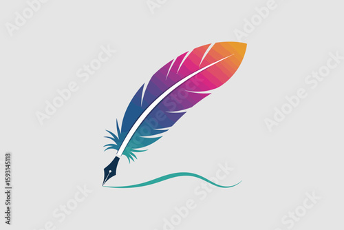 Writing Feather: A vibrant writing feather, its colorful plumage forming a graceful writing instrument, poised to create a masterpiece of words on a serene surface.