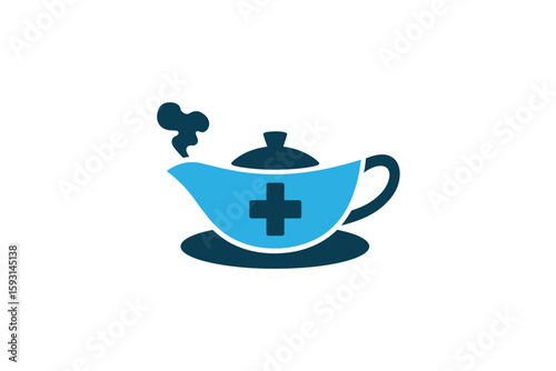 Healthcare Herbal Tea: A minimalist emblem depicts a teapot-shaped design, with a cross emblem, symbolizing wellness through natural remedies. Evokes calm, comfort, and the gentle touch of healthcare.