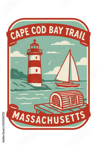A charming vintage illustration of Cape Cod Bay, featuring a lighthouse and sailboat. Vintage vector emblem badge patch, retro design, transparent background