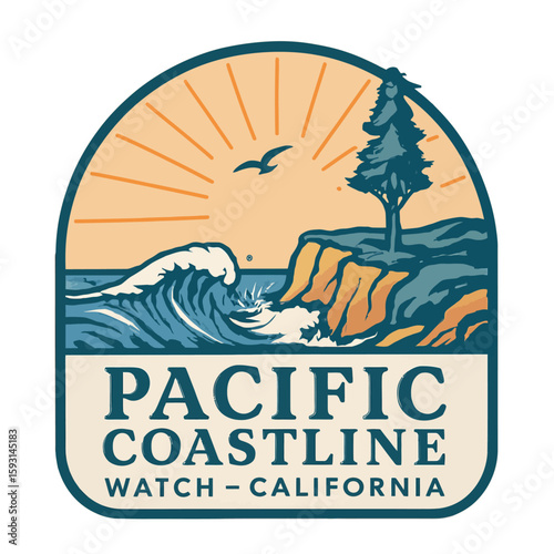 This image captures the beauty of the Pacific Coastline with a retro design and scenic views. Vintage vector emblem badge patch, retro design, transparent background