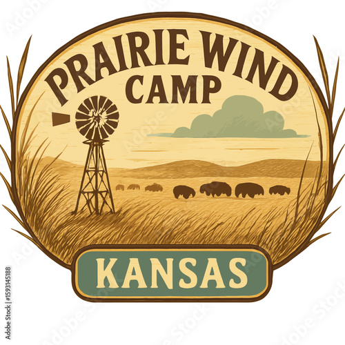 A vintage illustration showcases the Prairie Wind Camp in Kansas, featuring a windmill and bison. Vintage vector emblem badge patch, retro design, transparent background