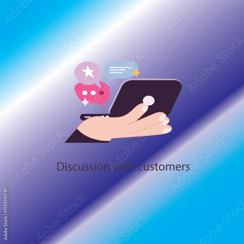 Vector illustration of a hand holding a tablet with chat bubbles, representing communication or discussion with customers. Colorful speech bubbles include icons for messages, feedback, and customer.