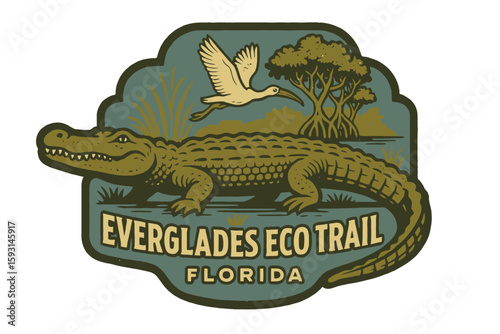 The vintage Everglades Eco Trail illustration captures Florida's natural beauty with an alligator and bird. Vintage vector emblem badge patch, retro design, transparent background