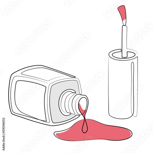 Nail polish in one line drawing on white isolated background. Line art for shop, banner, logo, business card. Cosmetics vector illustration. Nail polish brush tube. Manicure advertising art.