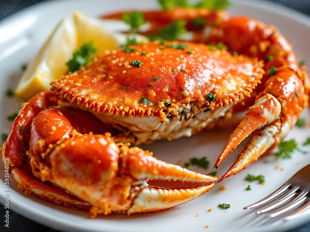 Grilled Red Crab. Delicious Roasted Sea Crab. Appetizing Crab on Plate Grilled Red Crab. Delicious Roasted Sea Crab. Appetizing Crab on Plate
