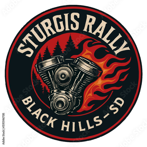 The Sturgis Rally logo showcases a motorcycle engine engulfed in flames and iconic design. Vintage vector biker emblem badge patch, retro design, transparent background