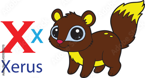 X for Xerus alphabet learning for kids. Xerus cartoon vector svg