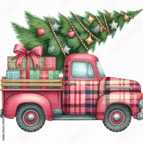 Plaid truck on the road with a Christmas tree 