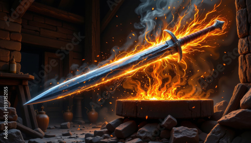 Glowing sword emerges from blacksmith forge, surrounded by flames