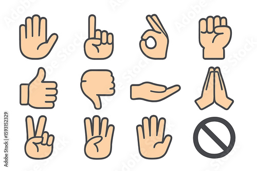 A set of cartoon white human hands in gloves, showcasing various gestures and signs in different positions, isolated on a gray background as a vector icon set