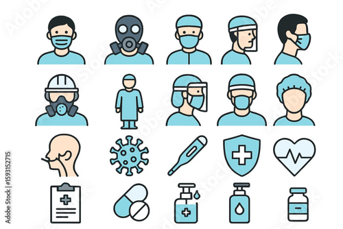 A set of line icons for Covid-19 protection equipment is provided, featuring items such as face masks, 3D masks, face shields, goggles, alcohol gel, PPE suites, and others