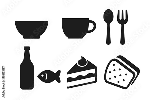 Vector icons for web design including a set of food courts symbols isolated on a white background in outline style