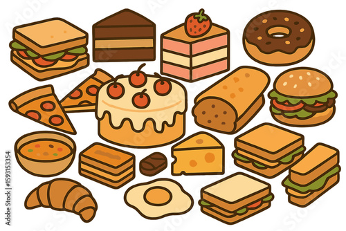 A large collection of healthy food ingredients in the form of hand-drawn sketches, with each object isolated