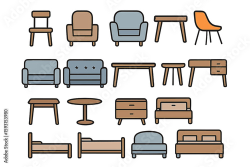 Icon set of furniture, home interior, linear icons, including pieces for living room, bedroom, office, workplace, children's room, and kitchen, with editable stroke lines