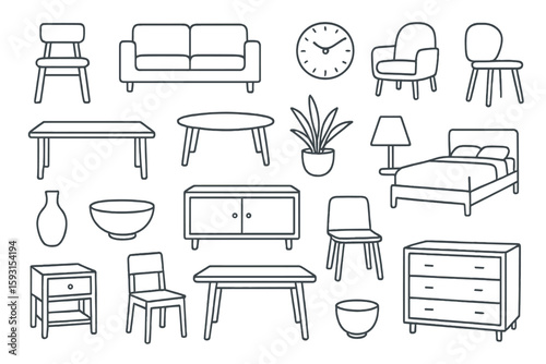 A set of furniture flat line icons featuring kitchen, bedroom, sofa table, bookcase closet, chair, mattress, lamps, and ladder as vector illustrations with outline signs of house interior and